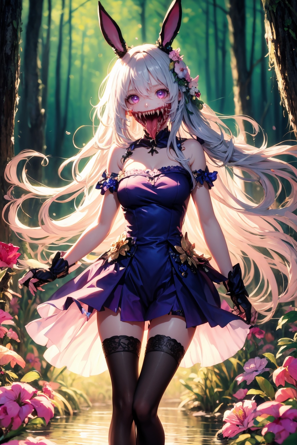 flowers_girl, flower, hair flower, red eyes, (rolling eyes:1.4), long hair, hair ornament, solo, tongue, teeth, looking at viewer, pink flower, nature, red flower, sharp teeth, plant, outdoors, tree, saliva, forest, tongue out, open mouth,  hair between eyes, bug, brown hair, bangs, water, petals, horror \(theme\),` bare shoulders, dress, wavy hair, leaf, rose, long tongue, monster girl, grass, extra mouth, butterfly, blood, guro,colourful_girl, long hair, solo, white hair, looking at viewer, animal ears, rabbit ears, bare shoulders, very long hair, pantyhose, purple eyes, gloves, navel, flower, clothing cutout, hair ornament, bangs, ass visible through thighs,  navel cutout, hair flower, mask, black pantyhose, floating hair, black gloves, fake animal ears, thighs,  standing, arm strap, thigh strap,  <lora:kim_食人花_v1:0.85>