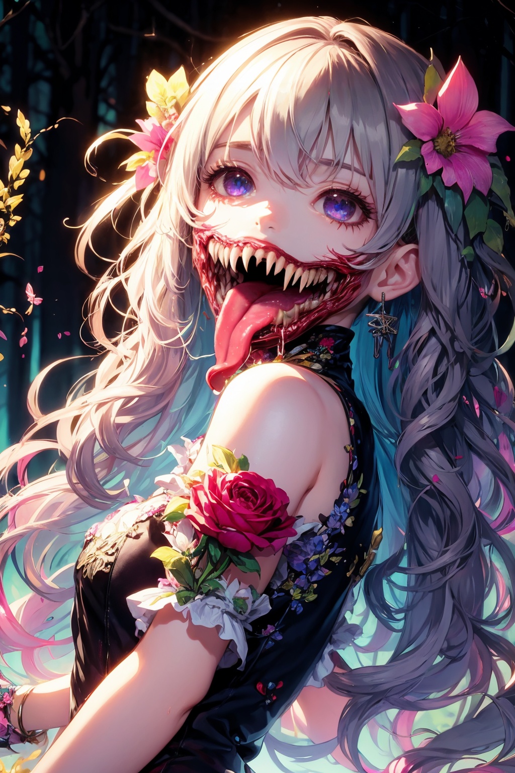 flowers_girl, flower, hair flower, red eyes, (rolling eyes:1.4), long hair, hair ornament, solo, tongue, teeth, looking at viewer, pink flower, nature, red flower, sharp teeth, plant, outdoors, tree, saliva, forest, tongue out, open mouth,  hair between eyes, bug, brown hair, bangs, water, petals, horror \(theme\),` bare shoulders, dress, wavy hair, leaf, rose, long tongue, monster girl, grass, extra mouth, butterfly, blood, guro,colourful_girl, colourful_girl, 1girl, tongue, solo, sharp teeth, navel, teeth, purple eyes, tongue out, looking at viewer, jewelry, white hair, open mouth, multicolored hair, earrings, midriff, long hair, bangs, upper body, breasts, long tongue, shirt, hair ornament, black background, stomach, blue hair, crop top, groin, two-tone hair, short sleeves, colored inner hair, one side up, saliva, forked tongue, small breasts <lora:kim_食人花_v1:0.85>