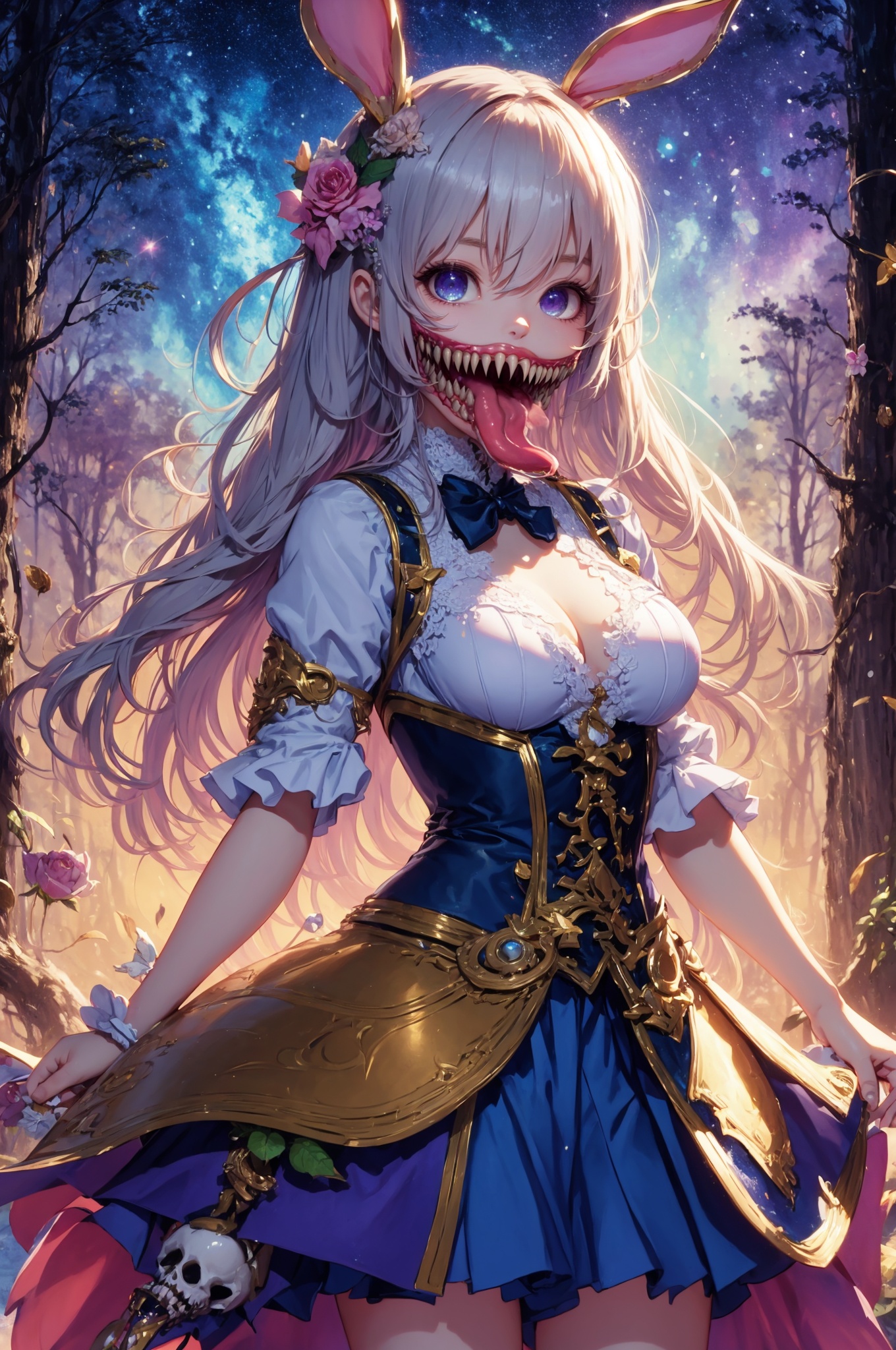 flowers_girl, 1girl, flower, long hair, blue eyes, breasts, hair flower, tree, bug, hair ornament, heterochromia, tongue, teeth, open mouth, pink flower, brown hair, mushroom, pink rose, butterfly, sharp teeth, solo, cleavage, gradient hair, bow, rose, tongue out, extra mouth, outdoors, upper body, star \(sky\), multicolored hair, sky, blue bow, bangs, large breasts, horror \(theme\), starry sky, star \(symbol\), skull, bone, leaf, night, purple hair, looking at viewer, fangs, multicolored eyes, purple eyes, dress,colourful_girl, 1girl, animal ears, rabbit ears, long hair, solo, tongue, short sleeves, breasts, hair between eyes, bangs, looking at viewer, white hair, medium breasts, teeth, frills, sharp teeth, tongue out, skirt, blue eyes, white shirt, shirt, very long hair, wrist cuffs, bow, long tongue, mask, open mouth, bowtie, blue bow, dress, purple eyes, underbust, standing, high-waist skirt, thighs, blue dress, sidelocks, blue skirt, blush, corset, skirt tug, frilled dress, cowboy shot <lora:kim_食人花_v1:0.85>