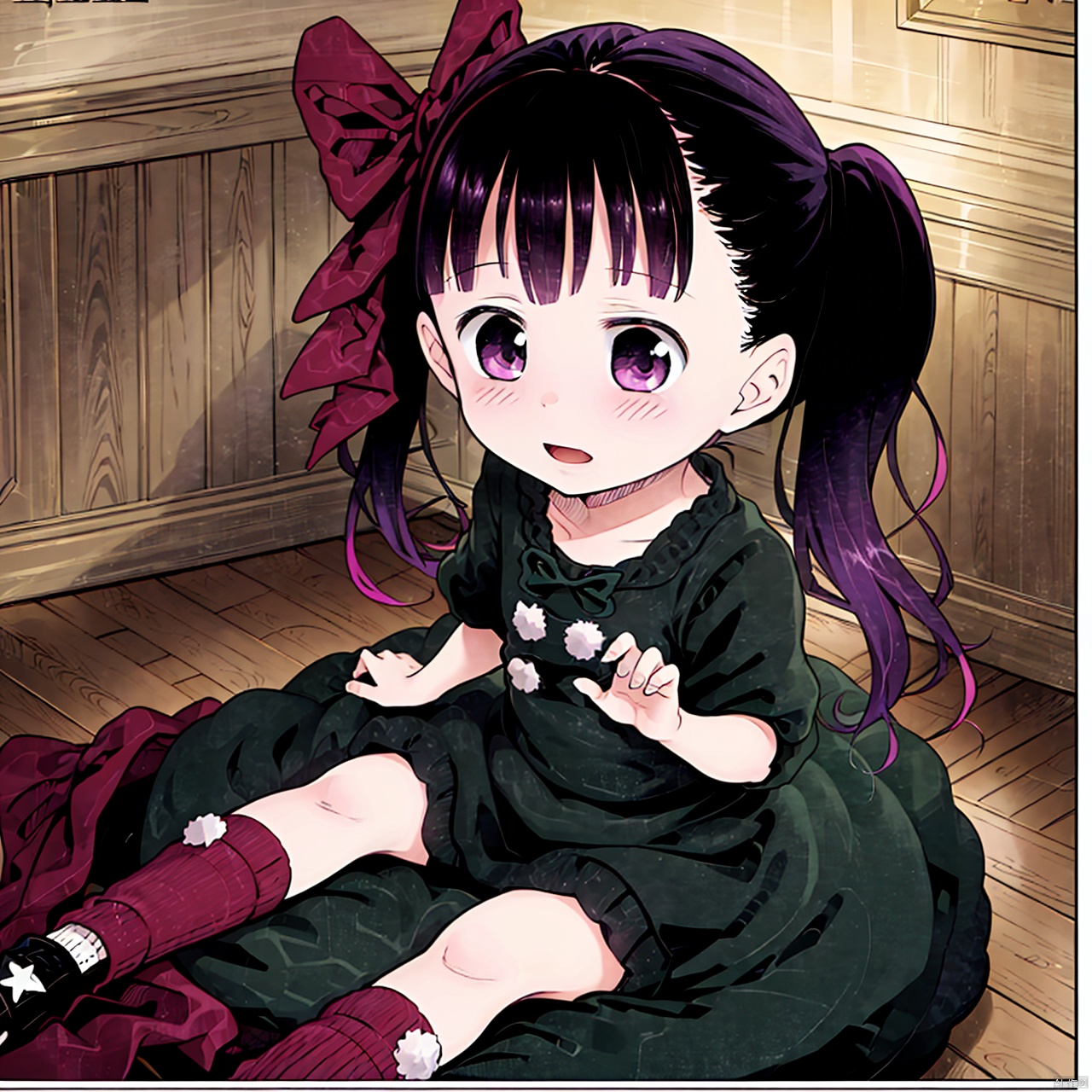masterpiece, best quality, 1girl, loli,Cocoa,solo, long hair, black hair, dress, bow, twintails, purple eyes, purple hair, hair bow, socks, black dress, child,