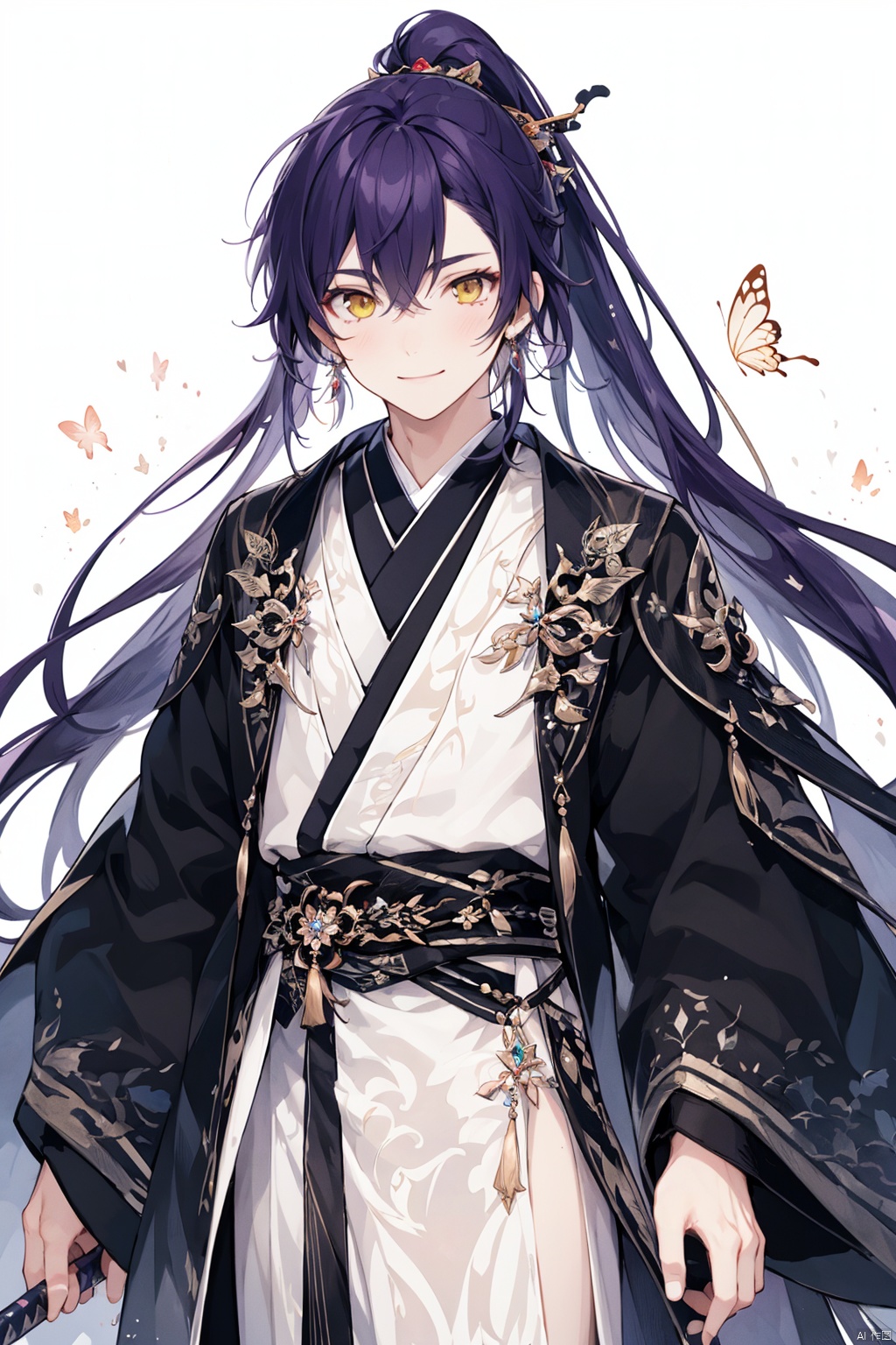 masterpiece, best quality, ,1boy, male focus, long hair, solo, white background, hanfu, simple background, chinese clothes, hair ornament, long sleeves, yellow eyes, black hair, tassel, holding, looking at viewer, ponytail, bug, jewelry, very long hair, smile, wide sleeves, earrings, standing, high ponytail, butterfly, hair stick, cowboy shot, bishounen, weapon, purple hair, belt
,hanfu