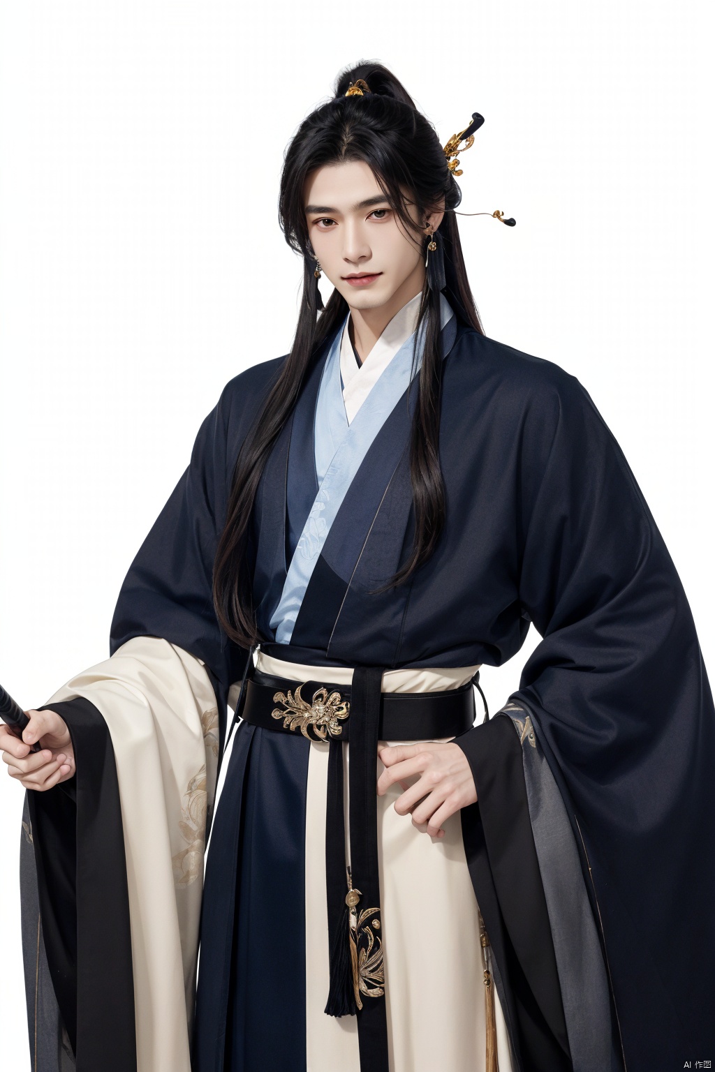  masterpiece, best quality, ,1boy, male focus, long hair, solo, white background, hanfu, simple background, chinese clothes, hair ornament, long sleeves, yellow eyes, black hair, tassel, holding, looking at viewer, ponytail, bug, jewelry, very long hair, smile, wide sleeves, earrings, standing, high ponytail, butterfly, hair stick, cowboy shot, bishounen, weapon, purple hair, belt
,hanfu