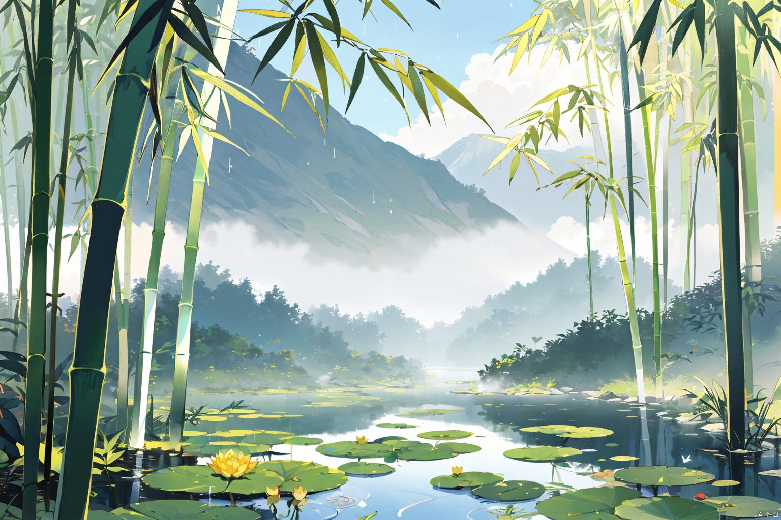 masterpiece, best quality, ,outdoors, nature, bamboo, water, bird, scenery, animal, reflection, forest, lake, sky, cloud, solo, no humans, lily pad, mountain, fog, lying, leaf, day, bamboo forest, rain, black hair, 1boy, tree, long hair
