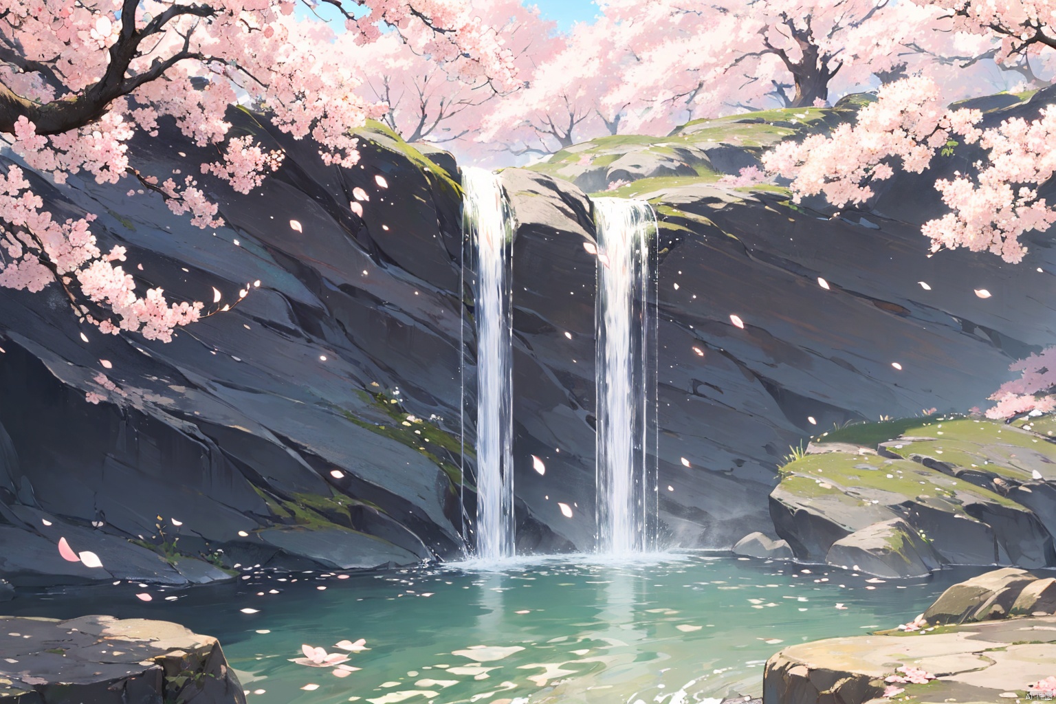 masterpiece, best quality, ,no humans, scenery, water, waterfall, cherry blossoms, outdoors, rock, tree, petals, day, river
