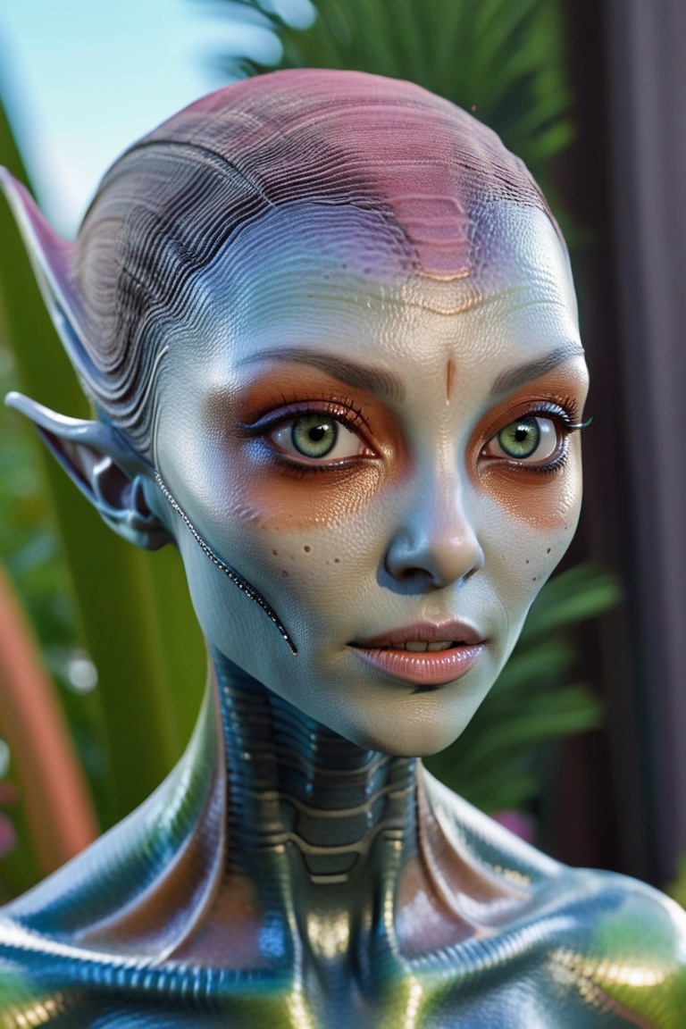 Close up of a female alien,  metallic multicolor skin,  alien planter in the background on Tensor.Art