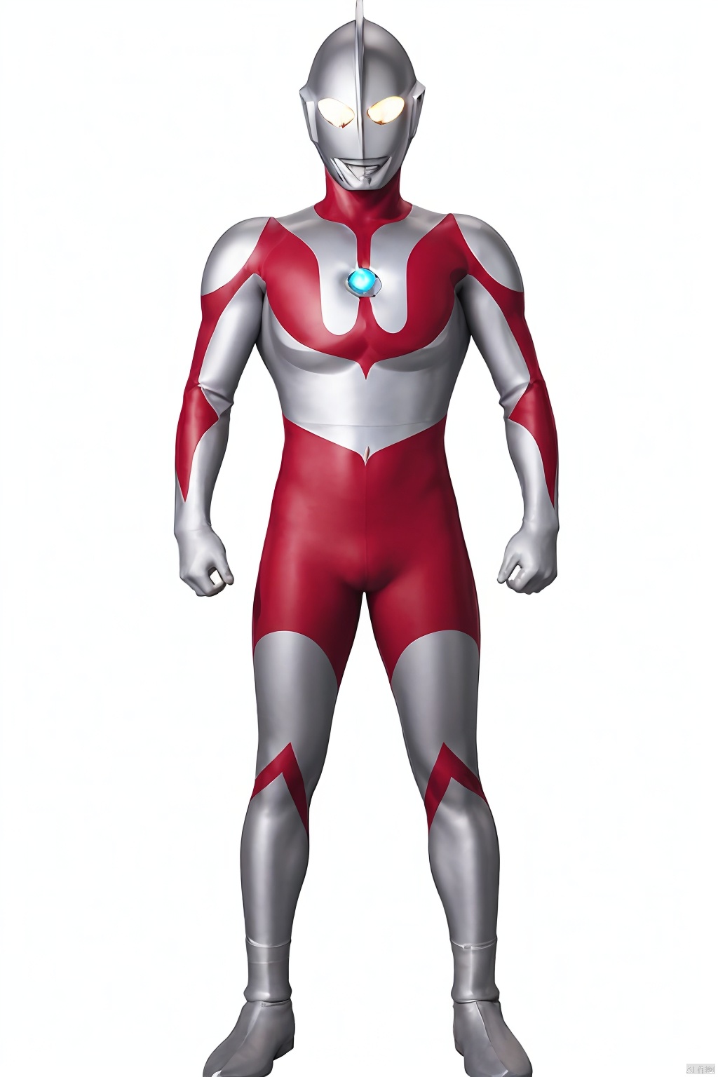 masterpiece, best quality, Ultraman,solo, looking at viewer,1boy, full body, 
Milky white eyes, male focus, bodysuit, glowing, glowing eyes, alien, multicolored bodysuit, tokusatsu, 
