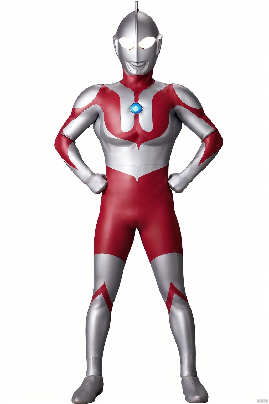masterpiece, best quality, Ultraman,solo, looking at viewer,1boy, full body, 
Milky white eyes, male focus, bodysuit, glowing, glowing eyes, alien, multicolored bodysuit, tokusatsu, , realism