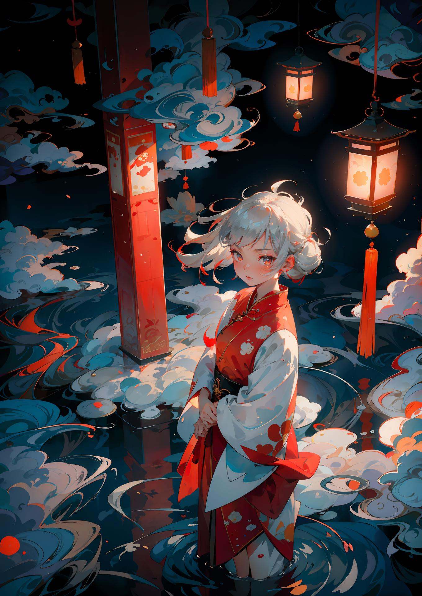 masterpiece,best quality,chinese new year,1girl,solo,full body,looking at viewer,white hair,dress,chinese clothes,white dress,china dress,simple background,<lora:Chinese New Year's Eve_v01:0.6>,cndstyle,pose,cloud,water,ocean,lantern/lamp,