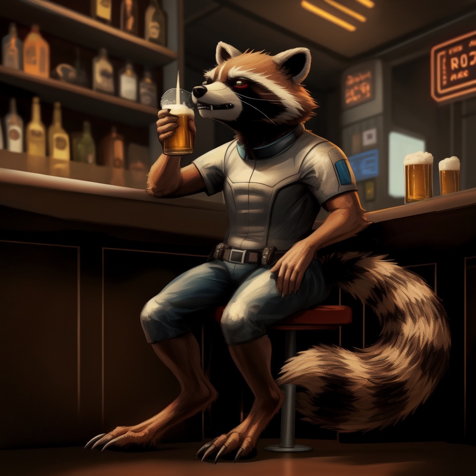 Concept art of Rocket Raccoon sitting at a bar and holding a beer,  fluffy tail,  sci-fi on Tensor.Art