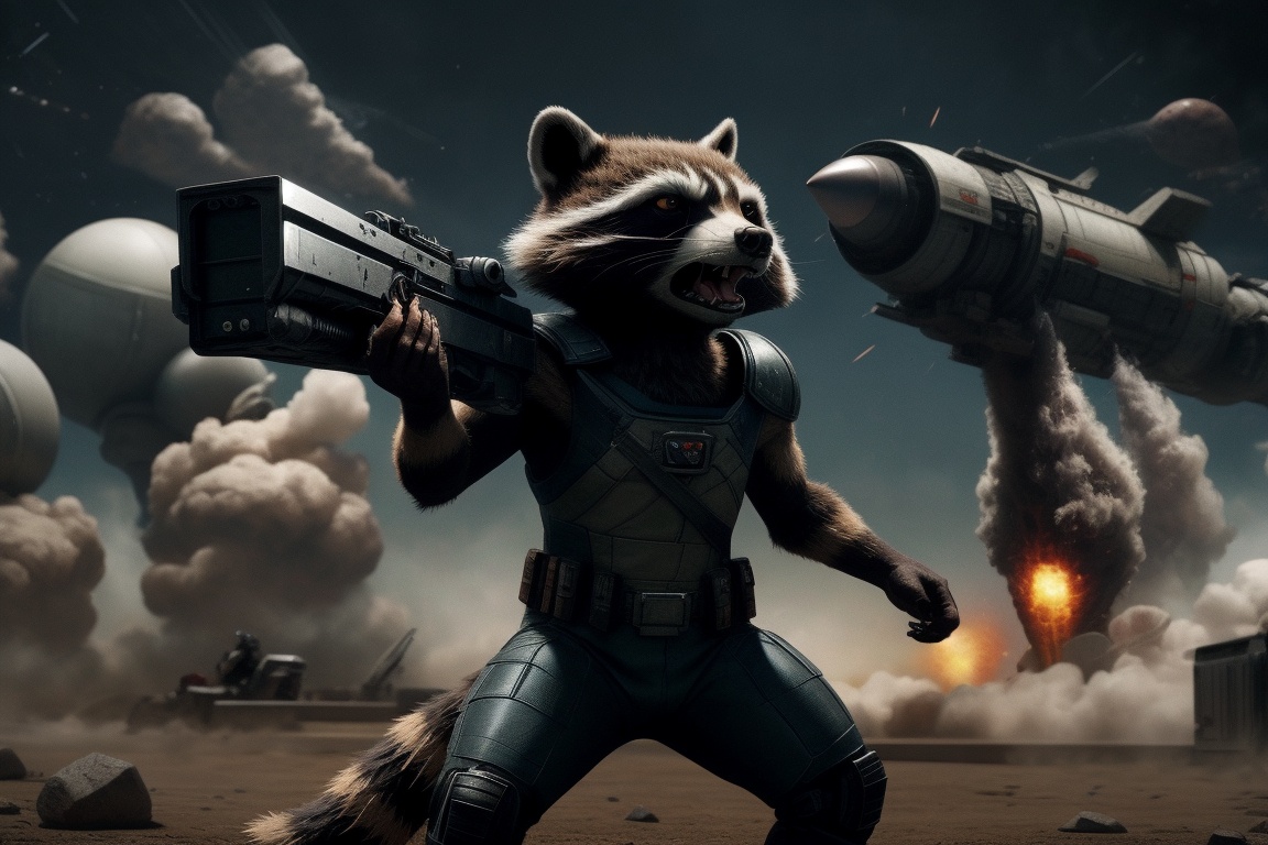 Cinematic film still of Rocket Raccoon in the middle of a battle,  holding a gun,  sci-fi on Tensor.Art