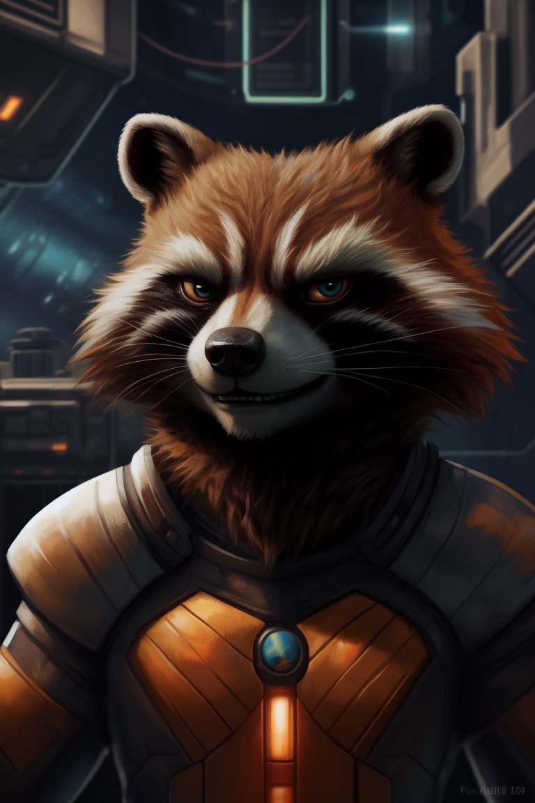 Digital painting,  realistic portrait of Rocket Raccoon looking at viewer,  smirking confidently on Tensor.Art