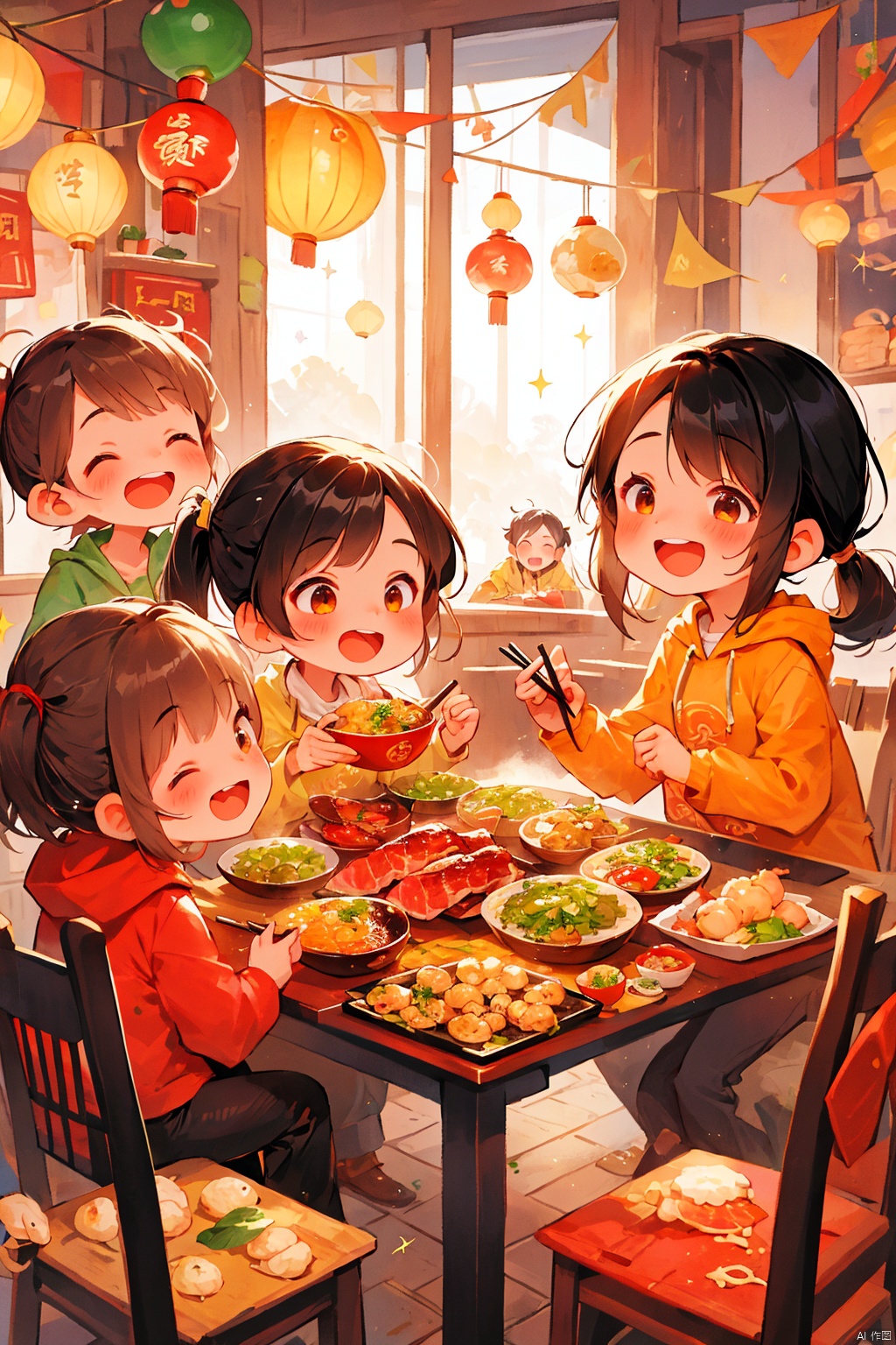 chinese new year,  long hair,  blush,  smile,  short hair,  bangs,  multiple girls,  brown hair,  shirt,  black hair,  long sleeves,  holding,  twintails,  jacket,  ponytail,  food,  multiple boys,  3girls,  hood,  sparkle,  hoodie,  chair,  eating,  black pants,  table,  hood down,  plate,  bowl,  lantern,  chopsticks,  spoon,  egg,  holding chopsticks,  meat,  noodles,  ramen,  shrimp,  soup,  dumpling,<lora:EMS-266638-EMS:0.800000>