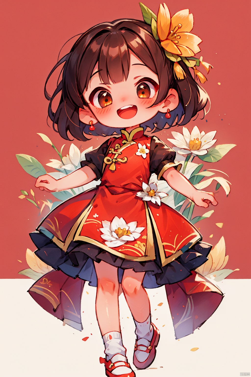 chinese new year,  1girl,  solo,  looking at viewer,  blush,  smile,  short hair,  open mouth,  bangs,  simple background,  brown hair,  hair ornament,  dress,  brown eyes,  standing,  full body,  flower,  short sleeves,  frills,  shoes,  teeth,  socks,  puffy sleeves,  hair flower,  puffy short sleeves,  upper teeth only,  chinese clothes,  red dress,  white footwear,  white flower,  white socks,  red flower,  red footwear,  red background,  index finger raised,  skirt hold,  floral background,  female child,<lora:EMS-266638-EMS:0.800000>