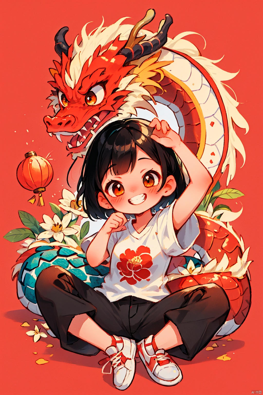 chinese new year,  1girl,  looking at viewer,  blush,  smile,  short hair,  simple background,  shirt,  black hair,  bow,  brown eyes,  flower,  short sleeves,  shoes,  teeth,  pants,  grin,  arm up,  black pants,  white footwear,  white flower,  red shirt,  red background,  dragon,  eastern dragon,<lora:EMS-266638-EMS:0.800000>