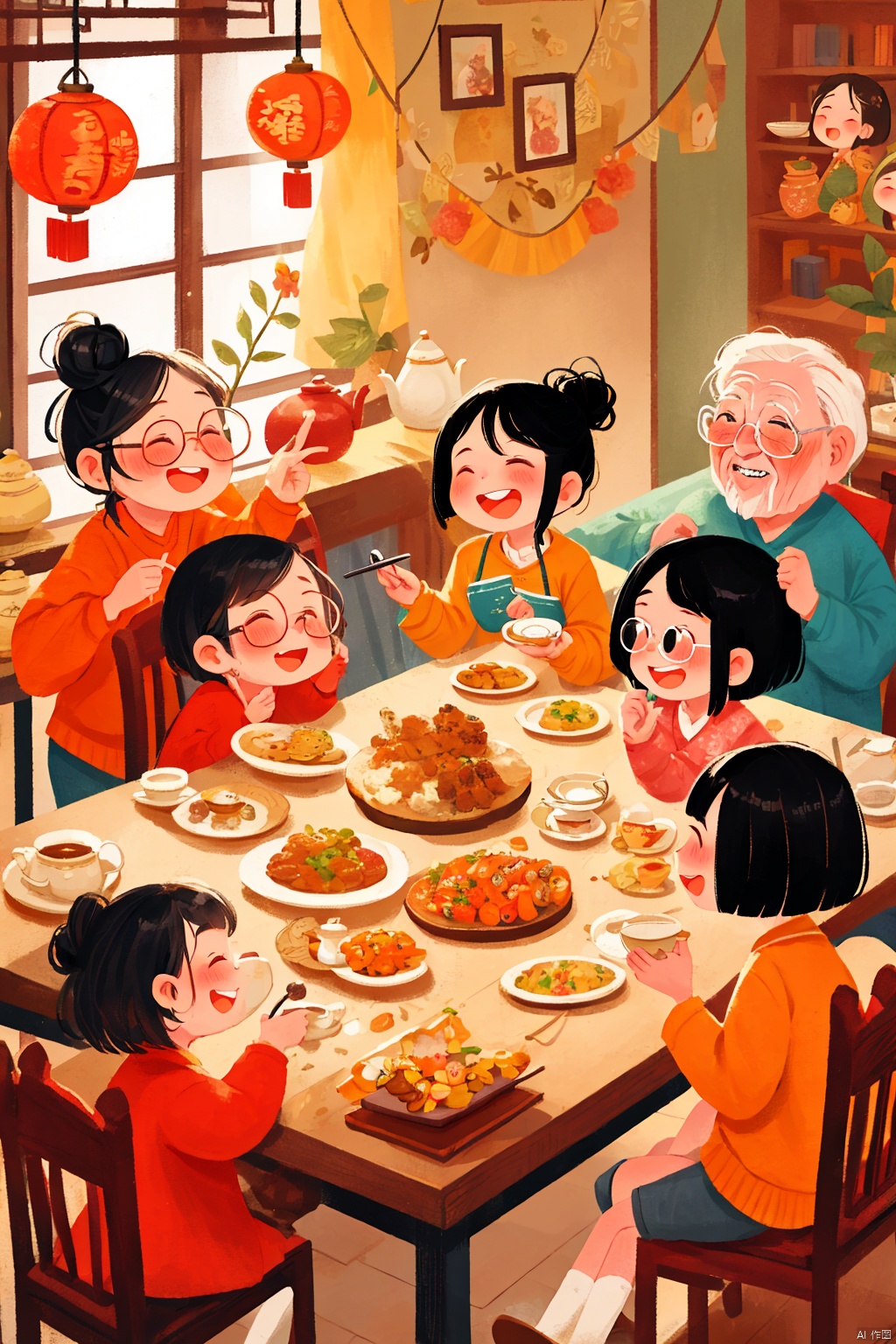 chinese new year,  blush,  smile,  short hair,  multiple girls,  black hair,  long sleeves,  sitting,  closed eyes,  grey hair,  food,  multiple boys,  glasses,  indoors,  hair bun,  cup,  window,  4girls,  chair,  table,  single hair bun,  5girls,  bowl,  teapot,  old,  old man,  family,  old woman,<lora:EMS-266638-EMS:0.800000>