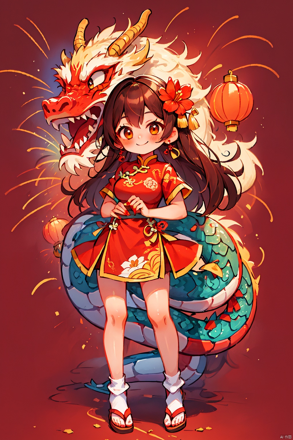 chinese new year,  1girl,  fireworks,  solo,  long hair,  looking at viewer,  blush,  smile,  bangs,  brown hair,  hair ornament,  dress,  brown eyes,  medium breasts,  closed mouth,  standing,  full body,  flower,  short sleeves,  socks,  hair flower,  bare legs,  chinese clothes,  red dress,  sandals,  red flower,  red footwear,  china dress,  red nails,  dragon,  eastern dragon, red background,<lora:EMS-266638-EMS:0.800000>