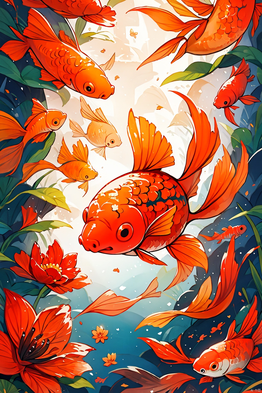 chinese new year,  solo,  flower,  from side,  no humans,  red flower,  fish,  animal focus,  red theme,  goldfish,  orange theme,  koi,<lora:EMS-266638-EMS:0.800000>