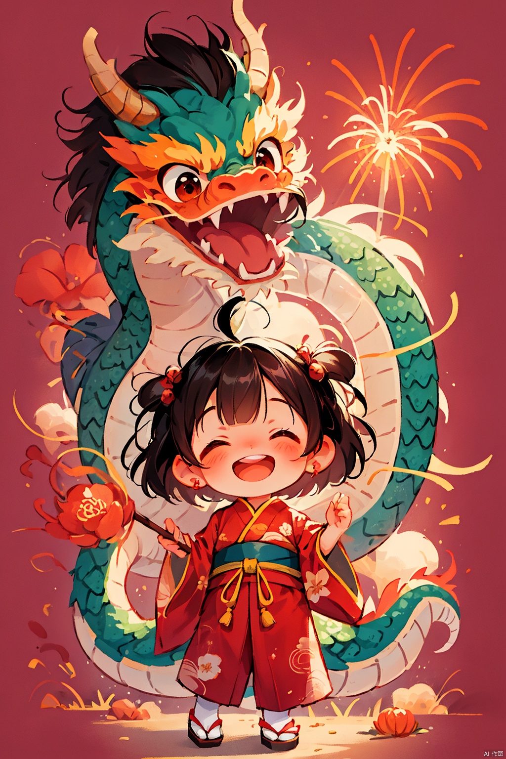 chinese new year,  1girl,  solo,  blush,  smile,  short hair,  open mouth,  bangs,  brown hair,  black hair,  long sleeves,  holding,  standing,  full body,  closed eyes,  ahoge,  japanese clothes,  teeth,  wide sleeves,  upper teeth only,  floral print,  child,  red background,  dragon,  tabi,  female child,  fireworks,  eastern dragon,<lora:EMS-266638-EMS:0.800000>