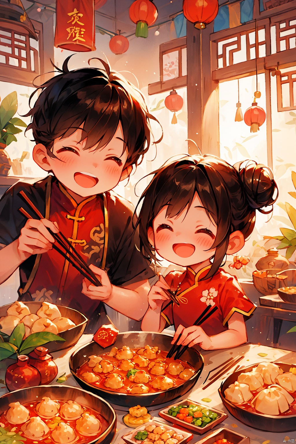 chinese new year,  1girl,  blush,  smile,  short hair,  open mouth,  bangs,  brown hair,  black hair,  1boy,  holding,  brown eyes,  closed eyes,  short sleeves,  food,  indoors,  hair bun,  window,  chinese clothes,  red dress,  single hair bun,  red shirt,  china dress,  bowl,  chopsticks,  holding chopsticks,  baozi,  bamboo steamer,  lattice,  dumpling,<lora:EMS-266638-EMS:0.800000>