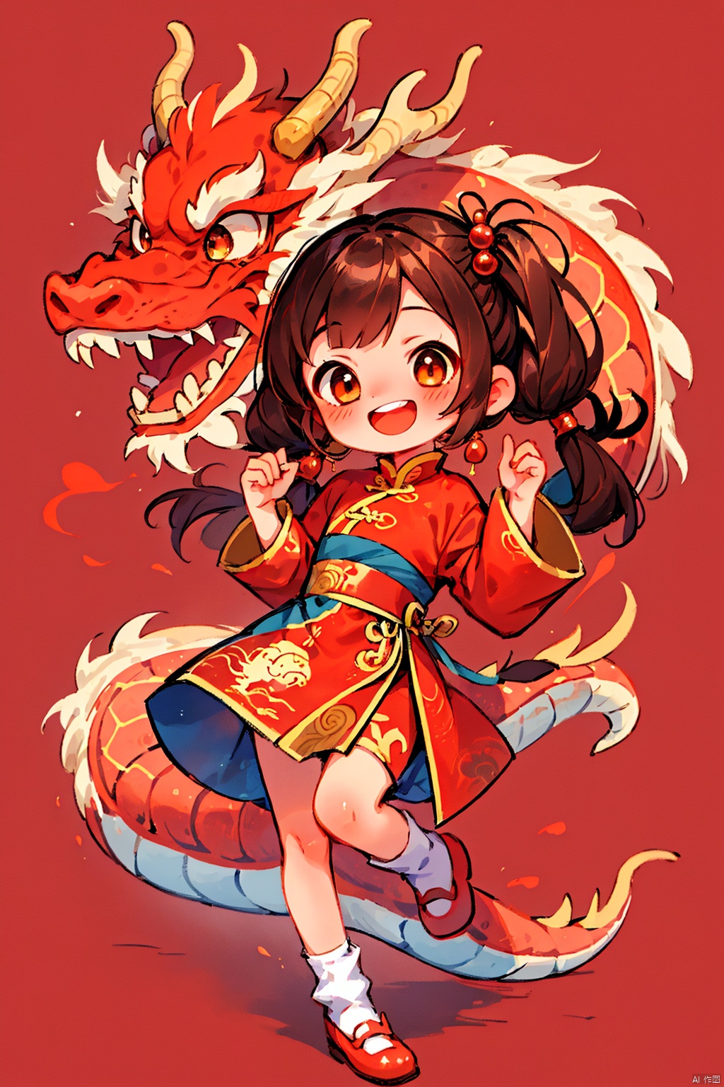 chinese new year,  1girl,  solo,  long hair,  looking at viewer,  blush,  smile,  open mouth,  simple background,  brown hair,  hair ornament,  red eyes,  long sleeves,  dress,  twintails,  brown eyes,  shoes,  teeth,  hand up,  low twintails,  chinese clothes,  red footwear,  red background,  dragon,  eastern dragon,<lora:EMS-266638-EMS:0.800000>