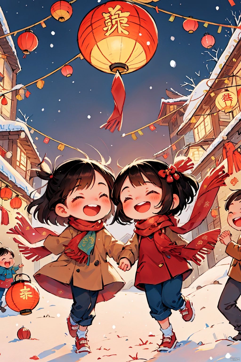 chinese new year,  long hair,  smile,  short hair,  open mouth,  bangs,  multiple girls,  brown hair,  black hair,  long sleeves,  dress,  holding,  closed eyes,  outdoors,  multiple boys,  pants,  scarf,  night,  holding hands,  red dress,  red footwear,  child,  snow,  lantern,  snowing,  winter,  paper lantern,<lora:EMS-266638-EMS:0.800000>