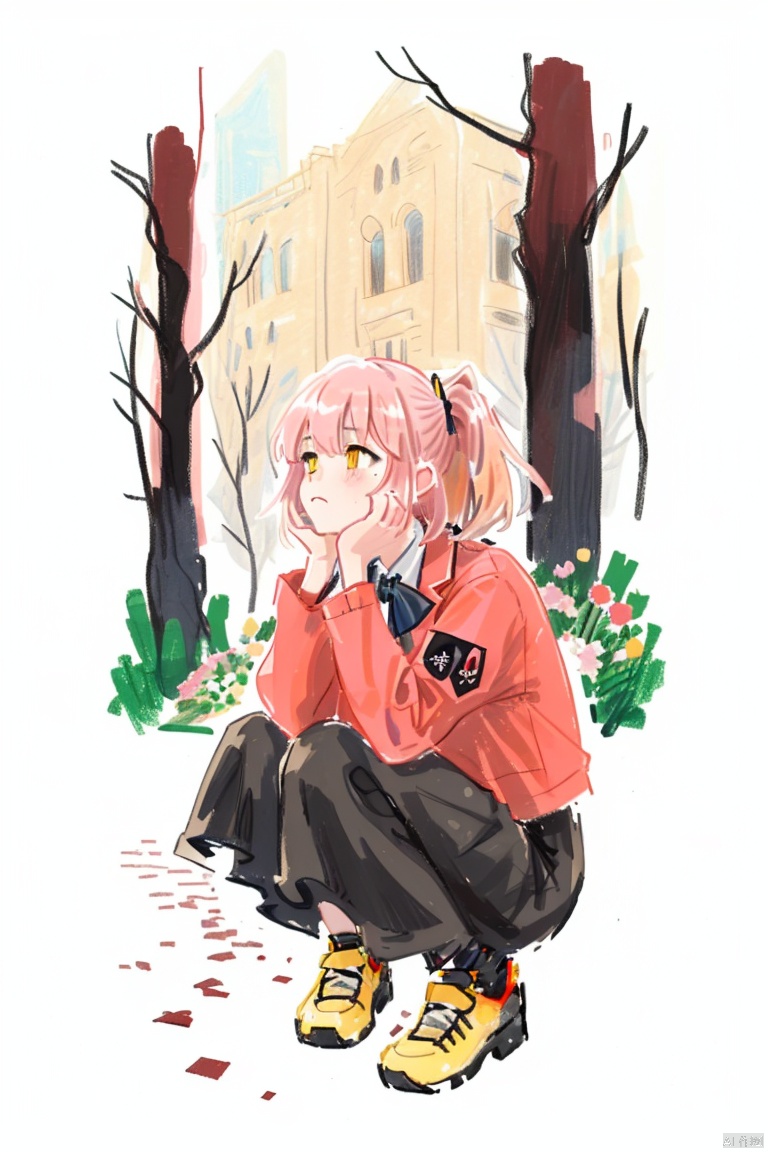 1girl,  squatting, sitting,  from below,  close-up,  head rest,  hands on face,  looking down, (loli：1.2), (petite:1.2), Pink hair, Yellow eyes,  (red Jacket), high ponytail, white collared shirt, hair flower, fipped hair, floating hair, Frown, hands in pockets, black dress, red bowtie, (solo), Water stain, labi,<lora:EMS-266656-EMS:0.900000>,<lora:EMS-174598-EMS:1.000000>