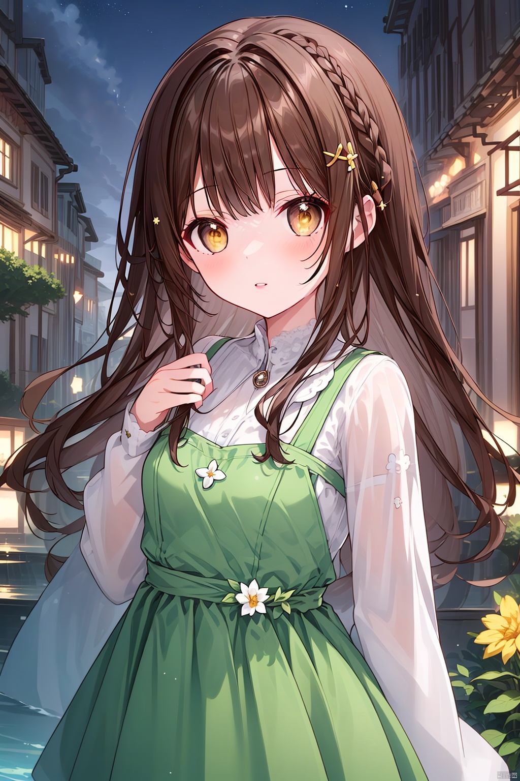  1girl, solo, looking at viewer, blush, bangs, brown hair, hair ornament, long sleeves, dress, yellow eyes, upper body, braid, flower, sidelocks, outdoors, parted lips, hairclip, water, night, hair rings, green dress, masterpiece