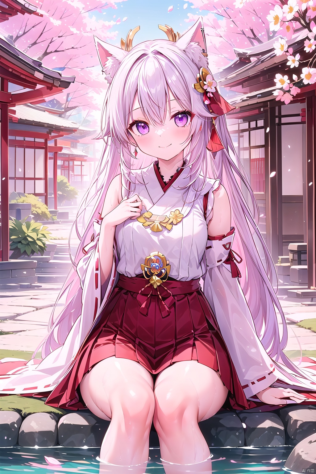 1girl, solo, long hair, breasts, looking at viewer, smile, bangs, skirt, shirt, hair ornament, long sleeves, animal ears, hair between eyes, bare shoulders, jewelry, sitting, very long hair, closed mouth, purple eyes, white shirt, pink hair, thighs, earrings, outdoors, detached sleeves, japanese clothes, wide sleeves, water, tree, cup, petals, fox ears, sleeveless shirt, red skirt, floral print, cherry blossoms, nontraditional miko, lantern, yokozuwari, vision \(genshin impact\), architecture, sakazuki, east asian architecture, yae miko