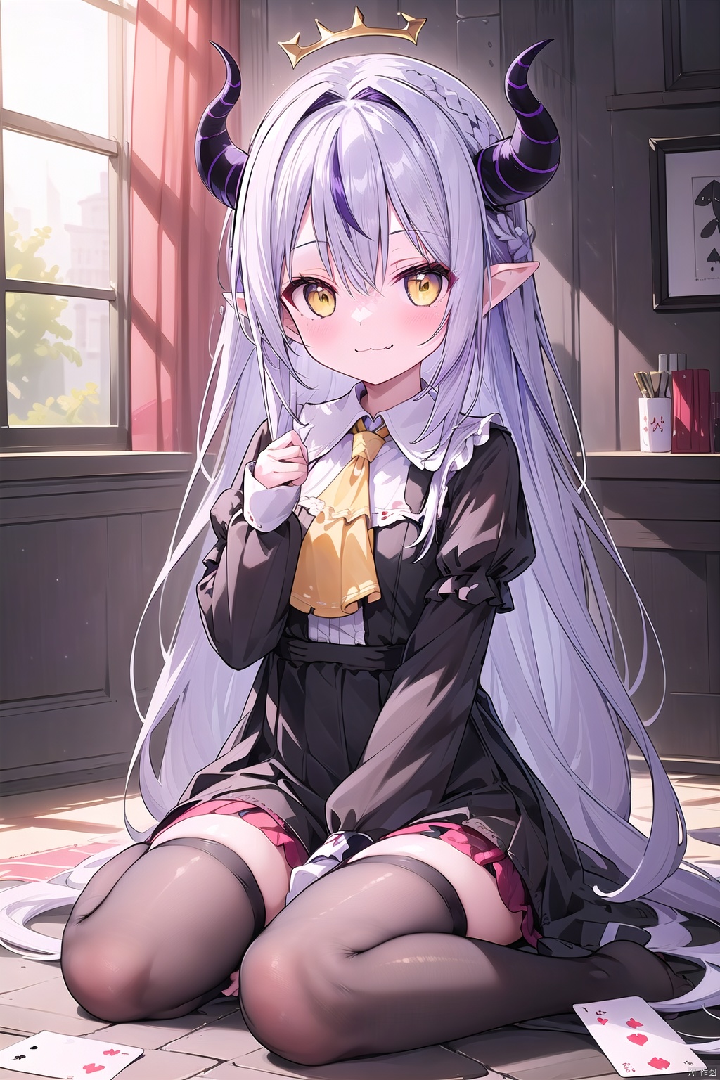 1girl, solo, long hair, looking at viewer, blush, smile, bangs, thighhighs, long sleeves, dress, holding, hair between eyes, sitting, very long hair, closed mouth, full body, yellow eyes, purple hair, braid, grey hair, multicolored hair, horns, pointy ears, fang, indoors, virtual youtuber, black dress, streaked hair, sleeves past wrists, window, :3, bird, wariza, demon horns, single thighhigh, sleeves past fingers, card, yellow ascot, on head, animal on head, playing card, holding card, single leg pantyhose, bird on head, striped horns, la+ darknesss