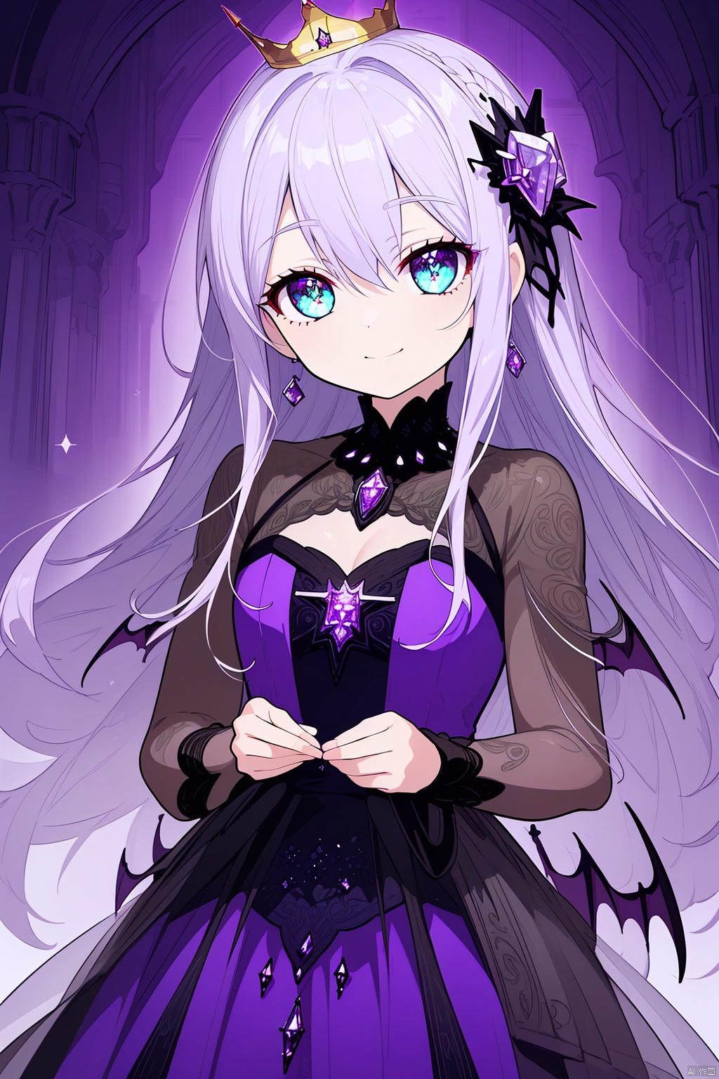  (masterpiece, top quality, best quality, official art, beautiful and aesthetic:1.2),
(diamond demon queen_girl,), light smile,
diamond demon queen dress, intricate dress, highest detailed, zoom_out, perfect eyes, random hairstyle, loli,
diamond demon queen pupil., masterpiece