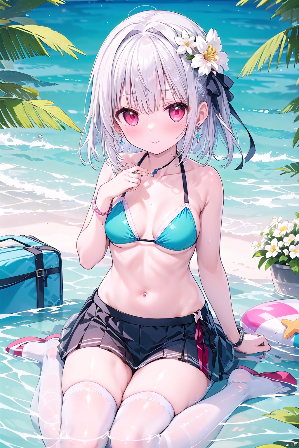 1girl, solo, breasts, looking at viewer, blush, short hair, bangs, skirt, red eyes, thighhighs, ribbon, bare shoulders, jewelry, sitting, collarbone, swimsuit, hair ribbon, flower, white hair, grey hair, bikini, thighs, earrings, small breasts, food, miniskirt, water, bag, bracelet, white thighhighs, tree, wariza, beach, sandals, green bikini, head wreath, shell, starfish, shore, seashell, flower wreath, kama \(fate\)