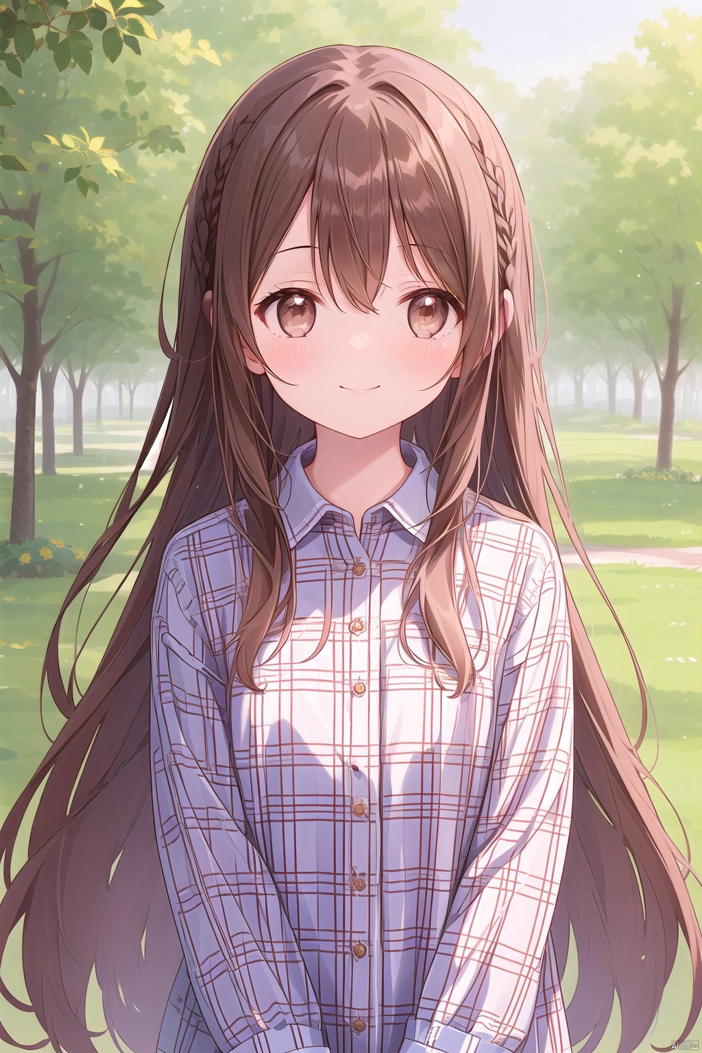  1girl, solo, long hair, looking at viewer, blush, smile, bangs, brown hair, shirt, long sleeves, hair between eyes, brown eyes, very long hair, closed mouth, upper body, braid, outdoors, day, collared shirt, looking to the side, plaid, plant, plaid shirt
