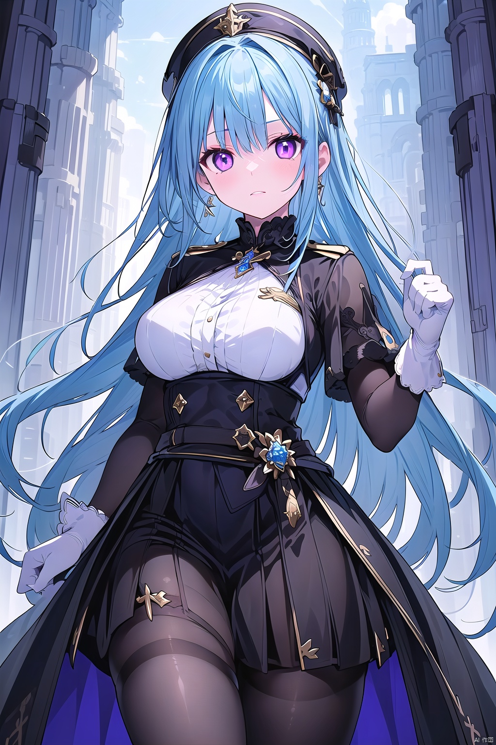 1girl, solo, long hair, breasts, looking at viewer, skirt, large breasts, gloves, hat, holding, jewelry, blue hair, purple eyes, weapon, pantyhose, earrings, sword, white gloves, black skirt, holding weapon, uniform, holding sword, sheath, unsheathing