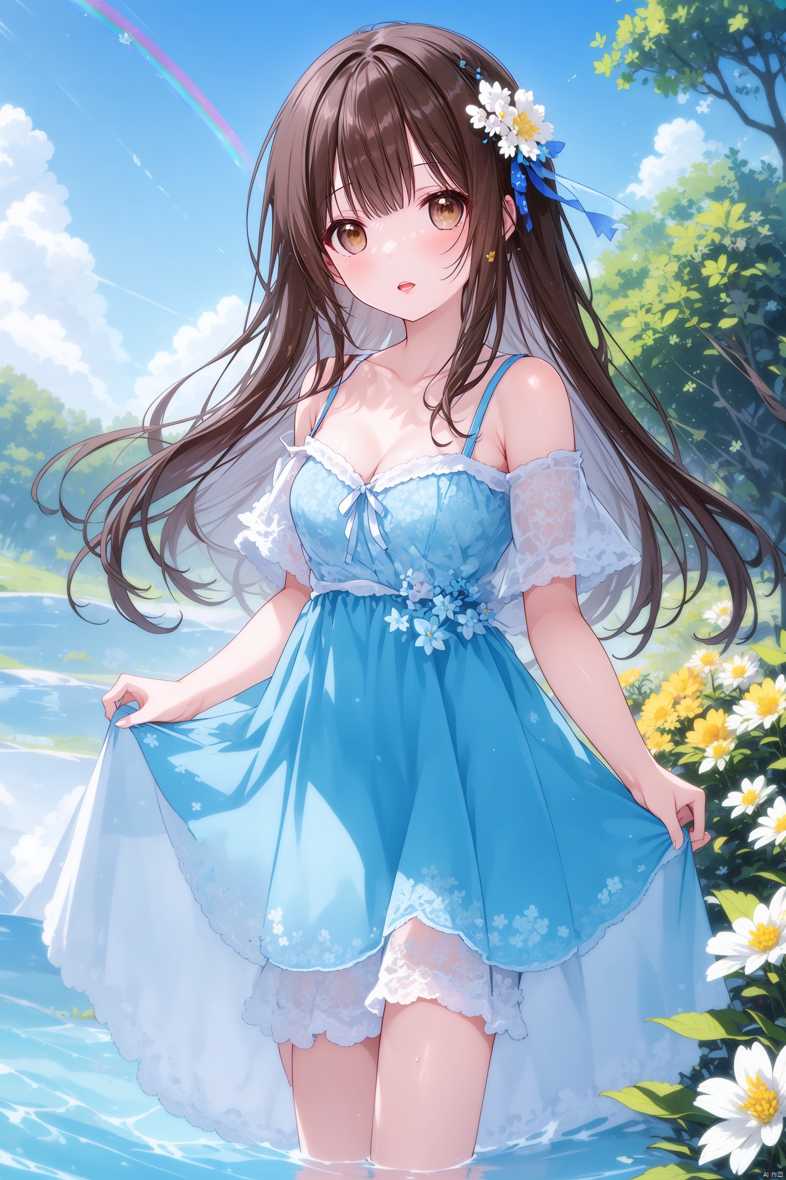  1girl, solo, long hair, breasts, looking at viewer, blush, open mouth, bangs, brown hair, hair ornament, dress, cleavage, bare shoulders, brown eyes, medium breasts, standing, collarbone, flower, thighs, cowboy shot, outdoors, parted lips, sky, day, cloud, hair flower, water, off shoulder, blue sky, see-through, white flower, blue flower, yellow flower, skirt hold, purple flower, rainbow, waterfall, masterpiece