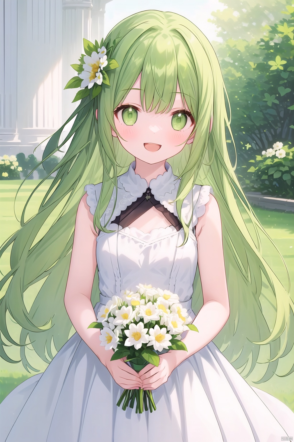  1girl, solo, long hair, looking at viewer, blush, smile, open mouth, bangs, hair ornament, dress, holding, bare shoulders, very long hair, green eyes, standing, flower, :d, small breasts, green hair, sleeveless, indoors, hair flower, white dress, bare arms, sleeveless dress, plant, white flower, bouquet, holding flower, holding bouquet