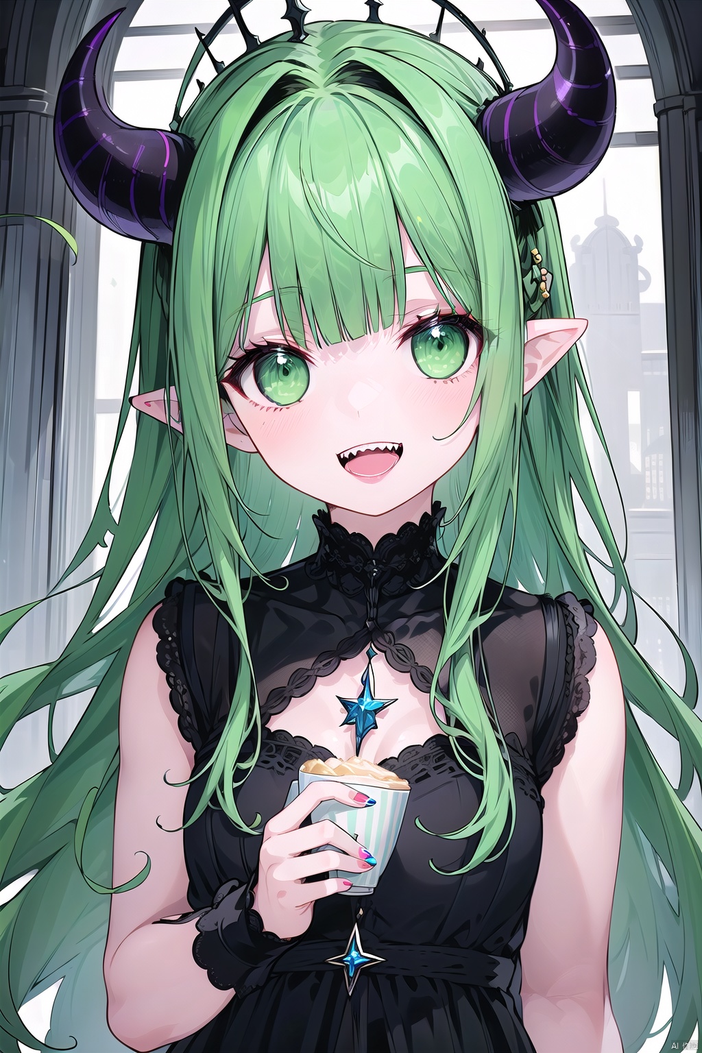 1girl, solo, long hair, looking at viewer, smile, open mouth, bangs, holding, green eyes, :d, food, green hair, horns, teeth, pointy ears, blunt bangs, nail polish, cup, sharp teeth, portrait, curled horns