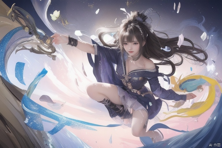 two_legs,two_arms,celet,detailed_face,1girl,hair ornament,very long hair,black hair,solo,paintbrush,water,smile,holding,flower,purple eyes,dress,large breasts,cleavage,holding paintbrush,looking at viewer,brown eyes,off shoulder,hair flower,branch,falling petals,bare legs,sanguosha, sanguosha
