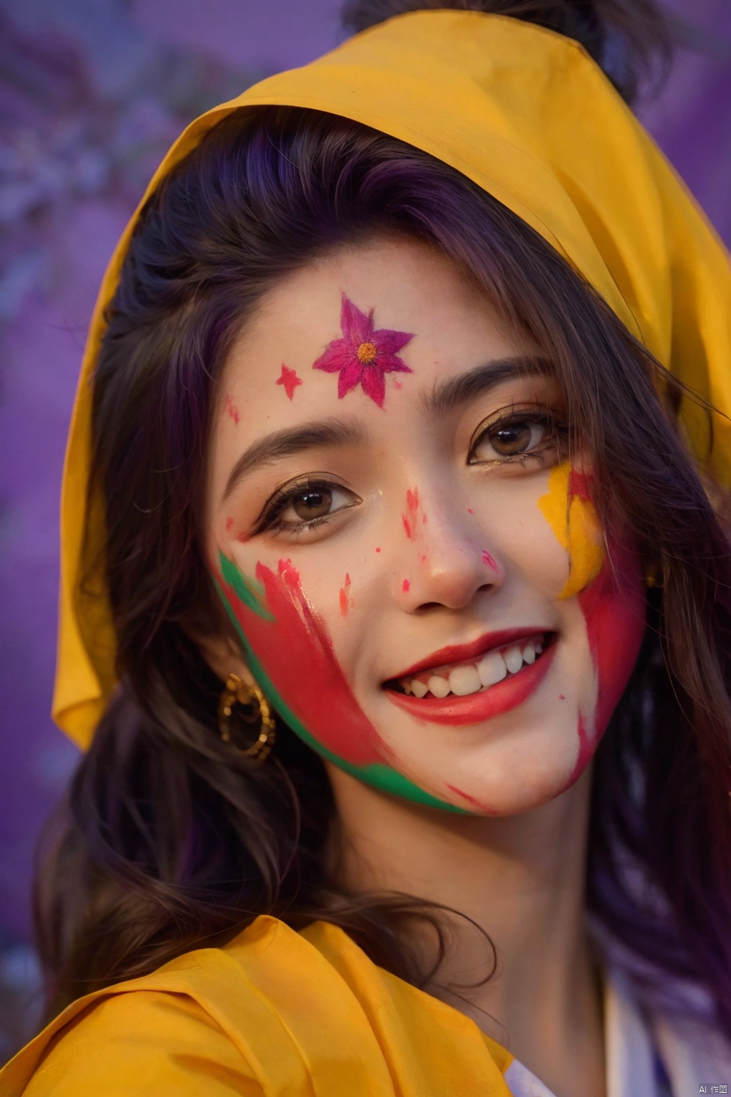  High quality, masterpiece, cinematic texture,Indian Beauty,face_paint,smile,purple background,