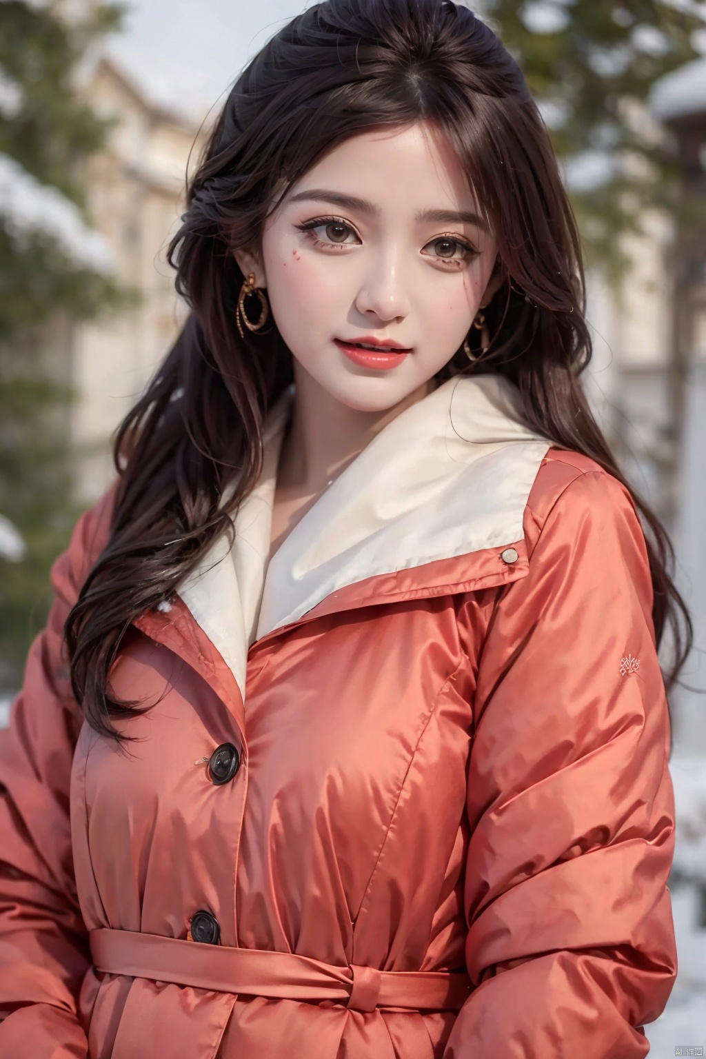 masterpiece, best quality, 1girl ((snowy background)), black hair, floating hair, blush, looking at viewers, white glossy down jacket, happy, ((side)), whole body, feeling snow, (studio light), soft light, dark style, night style, winter,(masterpiece:1,2), best quality, masterpiece, highres, original, extremely detailed wallpaper,,perfect lighting,(extremely detailed CG:1.2), drawing, paintbrush,Indian Beauty,