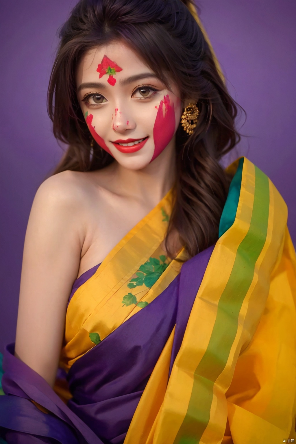  High quality, masterpiece, cinematic texture,Indian Beauty,face_paint,smile,purple background,