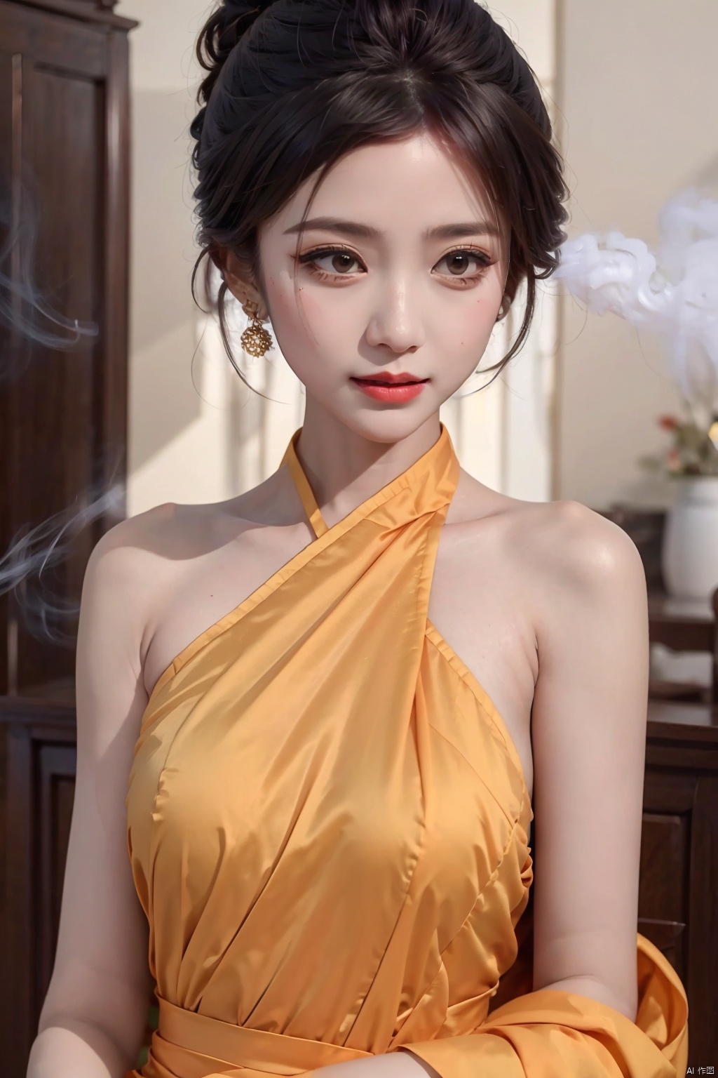 (bare shoulders:0.6), full body, Cheongsam, (Glowing ambiance, enchanting radiance, luminous lighting, ethereal atmosphere, mesmerizing glow, evocative hues, captivating coloration, dramatic lighting, enchanting aura), 1girl, masterpiece, best quality, 1girl, (in smoke:1.1), (dynamic smokeanywhere:1.4), (upper body:1.2), (1 Chinese patterns in the middle of the girl's forehead), 1girl with a weak temperament, epic cinematic, soft nature lights, rim light, absurd, amazing, funny, itricate, hyper detailed, ultra realistic, soft colors,