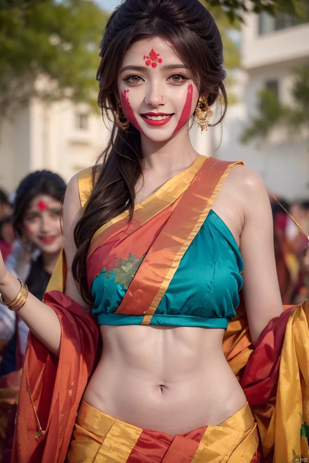  High quality, masterpiece, cinematic texture,Indian Beauty,face_paint,smile,navel, 