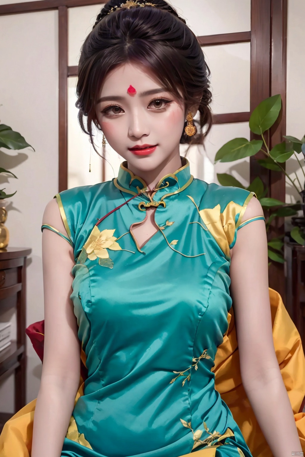  (bare shoulders:0.6),(Cheongsam:1.3), (Glowing ambiance, enchanting radiance, luminous lighting, ethereal atmosphere, mesmerizing glow, evocative hues, captivating coloration, dramatic lighting, enchanting aura),masterpiece, best quality,Indian Beauty,