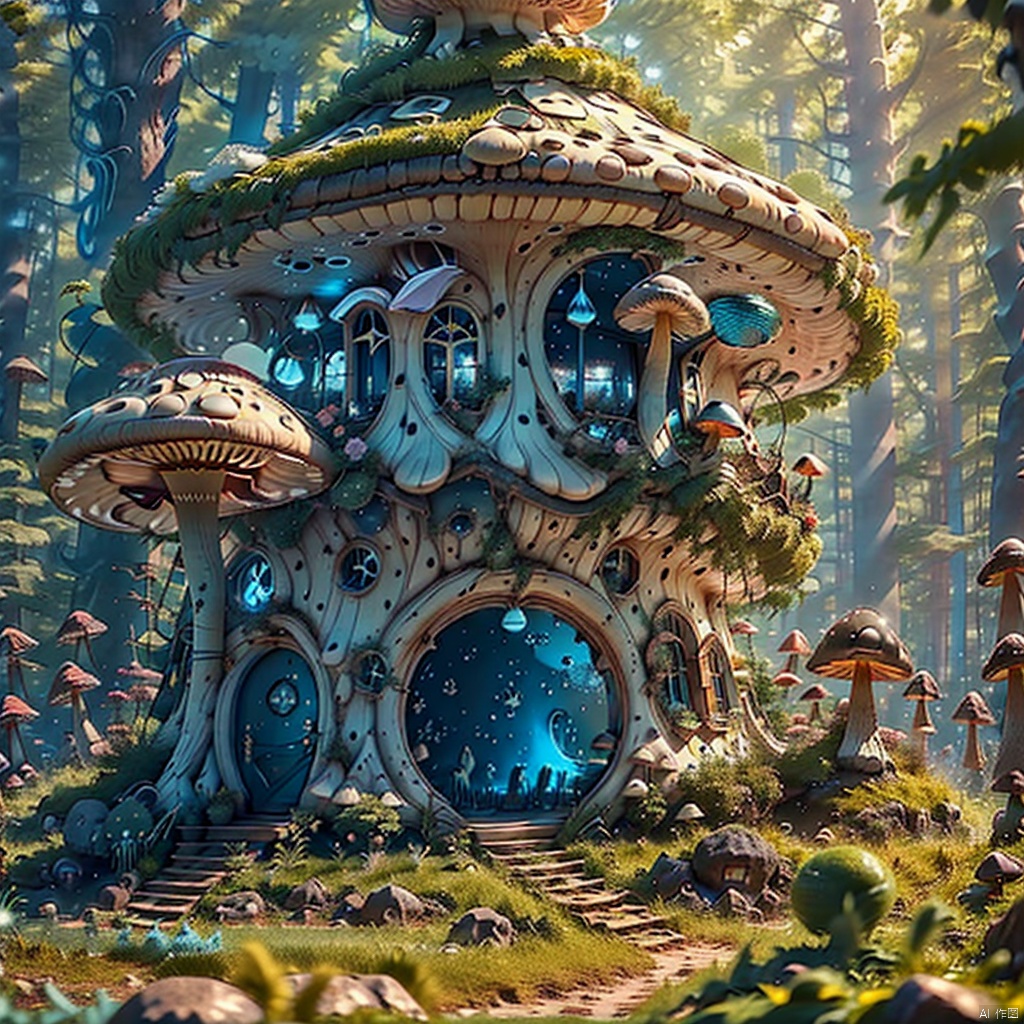 a group of mushrooms with blue and yellow tops and bubbles on them, in a field of grass and rocks, air bubble, blurry, blurry background, blurry foreground, bubble, depth of field, earth \(planet\), planet, underwater, water drop