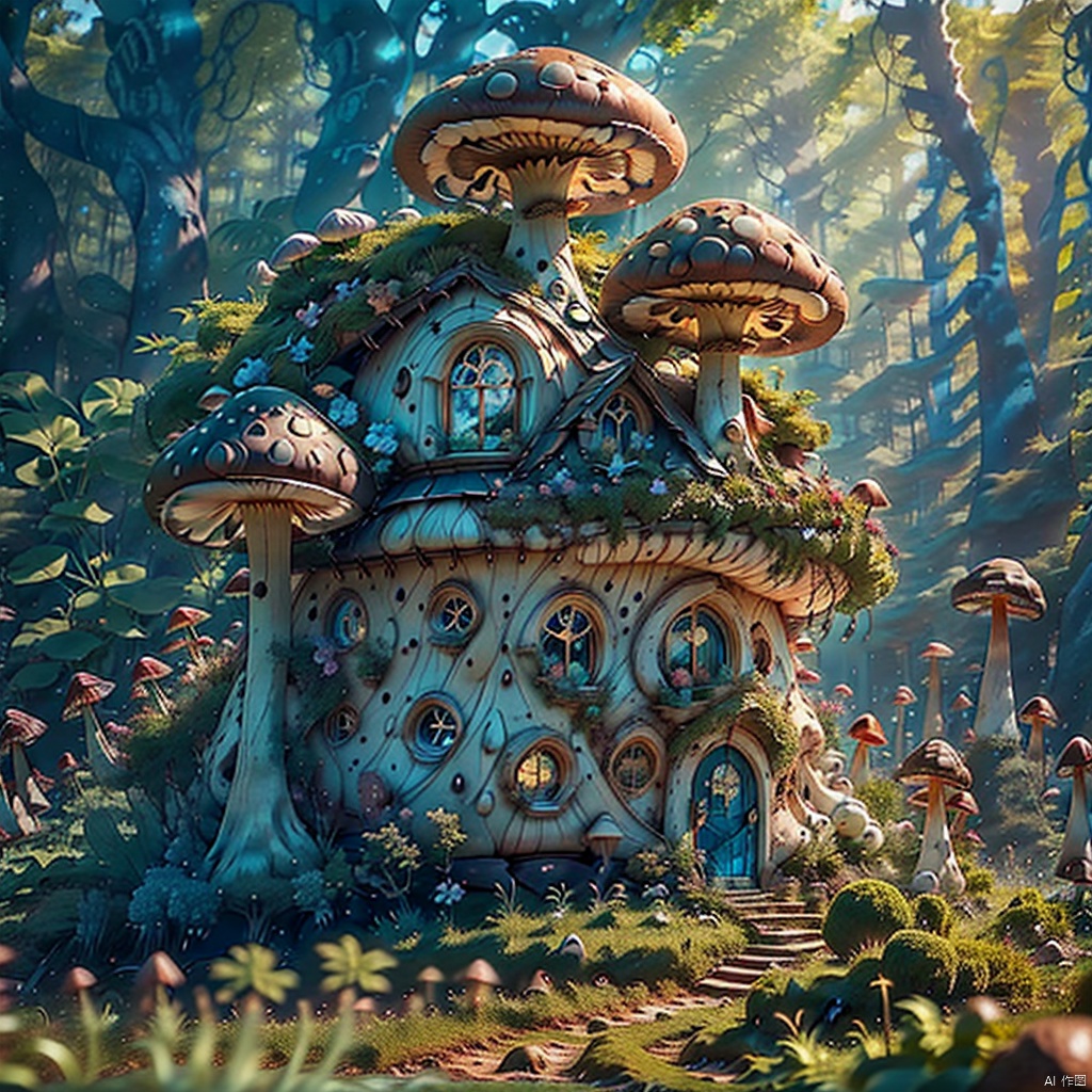 a group of mushrooms with blue and yellow tops and bubbles on them, in a field of grass and rocks, air bubble, blurry, blurry background, blurry foreground, bubble, depth of field, earth \(planet\), planet, underwater, water drop