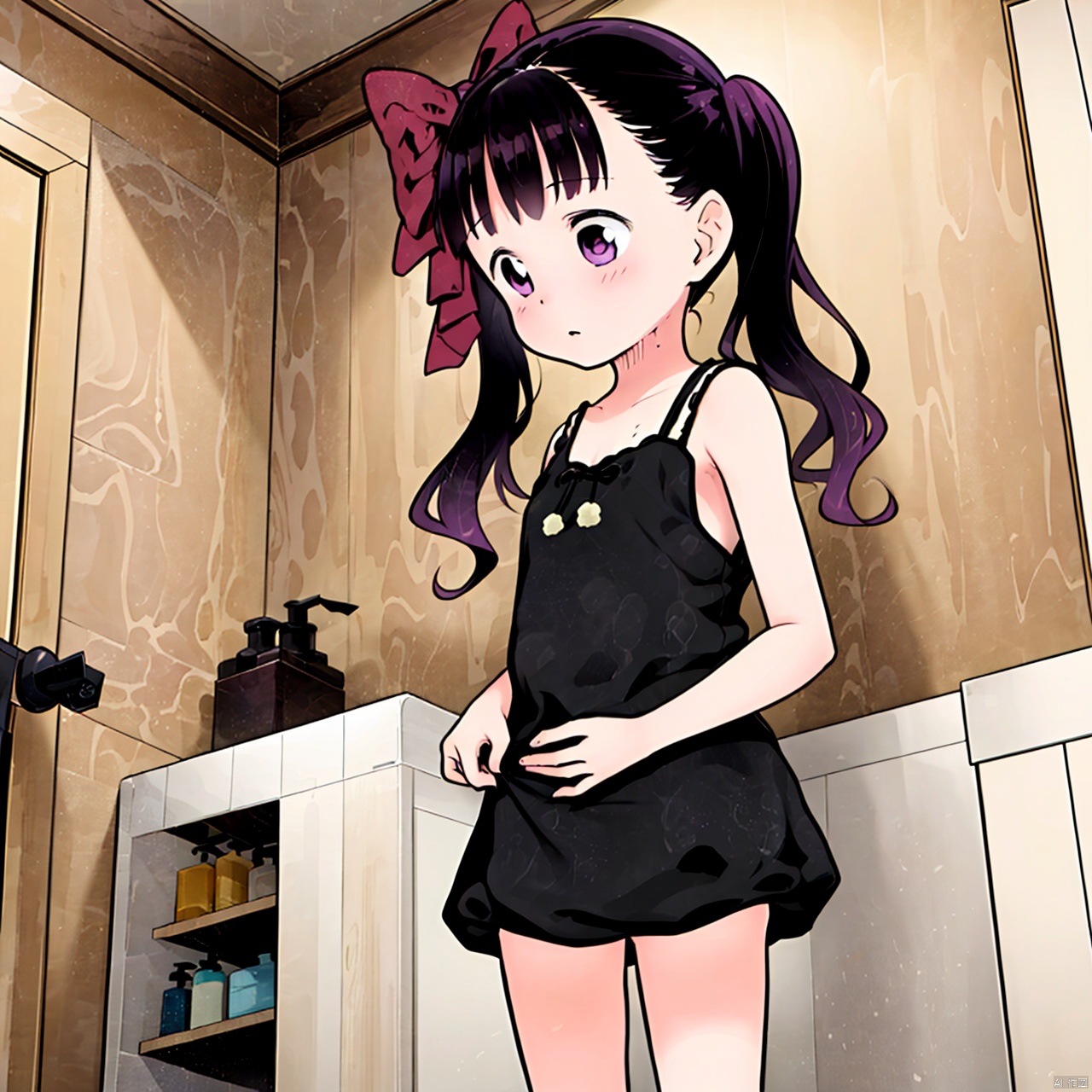  masterpiece, best quality, 1girl, loli,Cocoa,solo, long hair, black hair,bow, twintails, purple eyes, purple hair, hair bow, Bathroom,Take a shower,