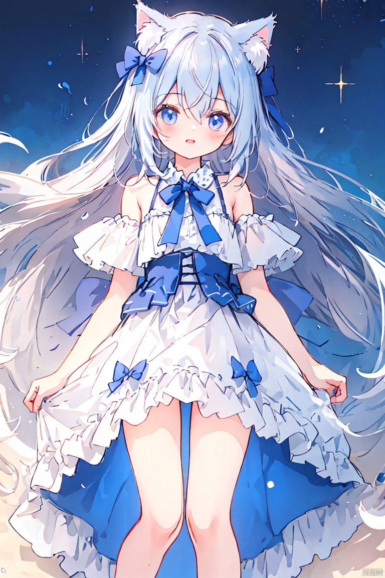  (masterpiece, extremely detailed 8k wallpaper,best quality), (best illumination, best shadow, extremely delicate and beautiful), floating, finely detail, Depth of field (bloom), (shine), glinting stars,classic, (illustration), (sketch),(panorama),foot out of frame
detailed eyes,perfect face,
1girl, solo ,long hair ,hair between eyes ,floating hair,hair bow,cat ears,
small breasts