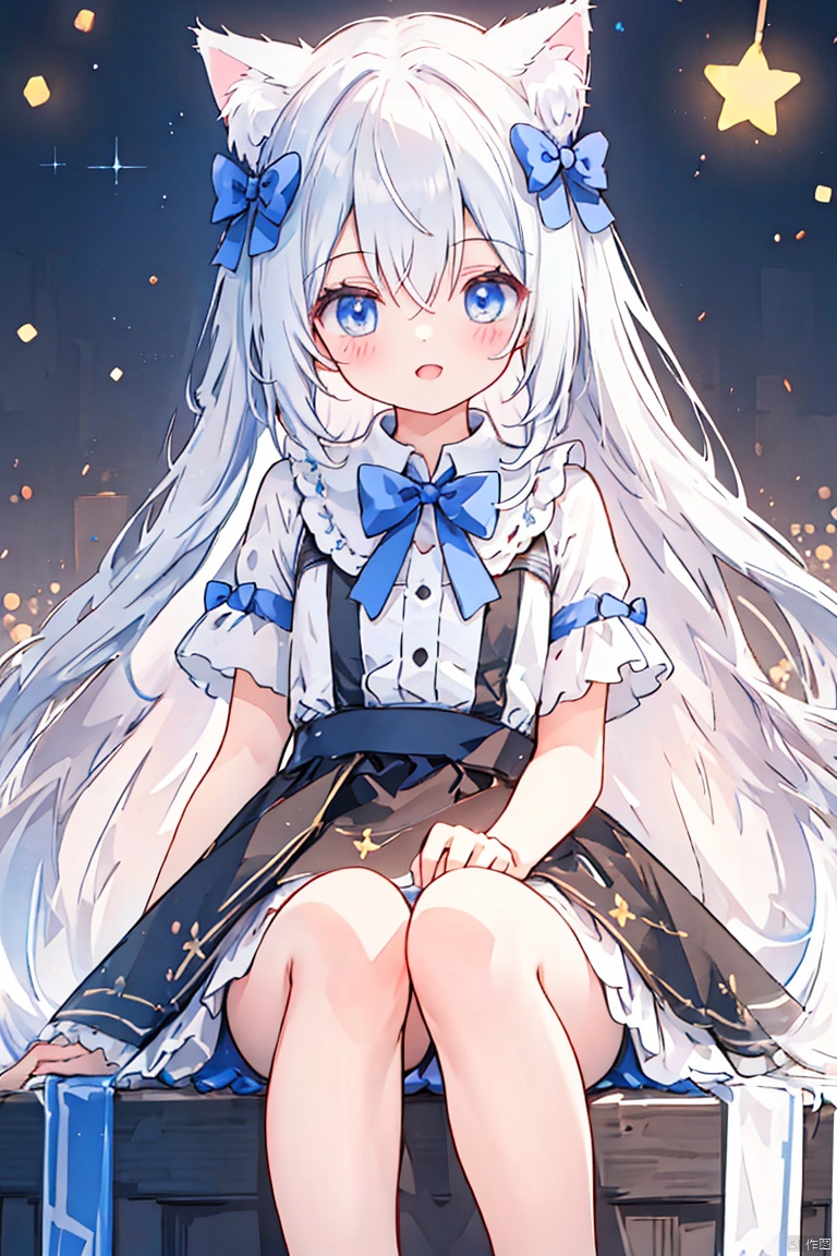  (masterpiece, extremely detailed 8k wallpaper,best quality), (best illumination, best shadow, extremely delicate and beautiful), floating, finely detail, Depth of field (bloom), (shine), glinting stars,classic, (illustration), (sketch),(panorama),foot out of frame
detailed eyes,perfect face,
1girl, solo ,long hair ,hair between eyes ,floating hair,hair bow,cat ears,
small breasts