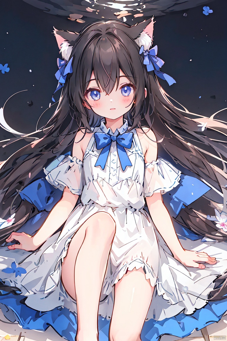  (masterpiece, extremely detailed 8k wallpaper,best quality), (best illumination, best shadow, extremely delicate and beautiful), floating, finely detail, Depth of field (bloom), (shine), glinting stars,classic, (illustration), (sketch),(panorama),foot out of frame
detailed eyes,perfect face,
1girl, solo ,long hair ,hair between eyes ,floating hair,hair bow,cat ears,
small breasts
