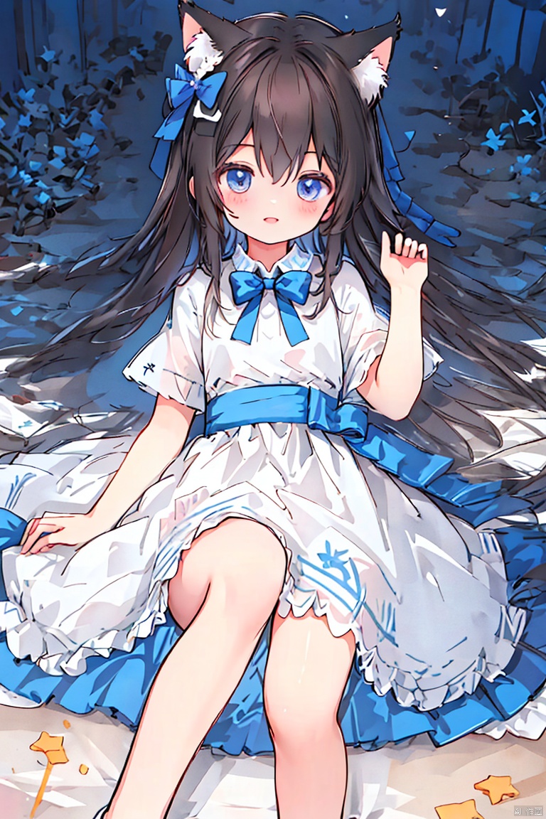  (masterpiece, extremely detailed 8k wallpaper,best quality), (best illumination, best shadow, extremely delicate and beautiful), floating, finely detail, Depth of field (bloom), (shine), glinting stars,classic, (illustration), (sketch),(panorama),foot out of frame
detailed eyes,perfect face,
1girl, solo ,long hair ,hair between eyes ,floating hair,hair bow,cat ears,
small breasts